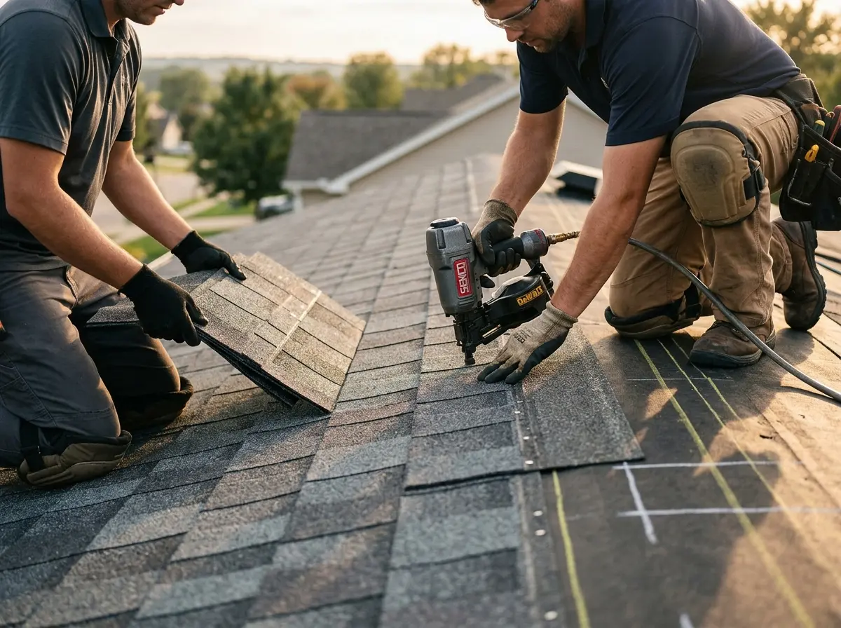 Professional roofer working on a residential roof in Bloomington